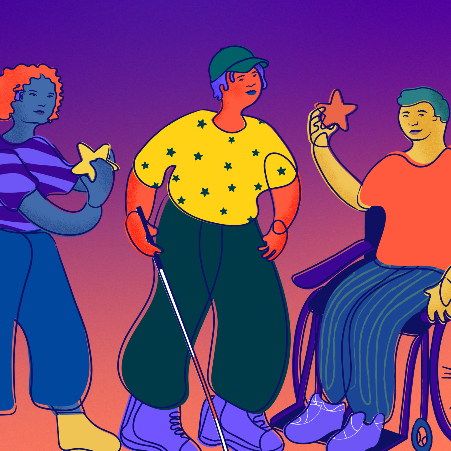 One lgbtq+ individual holding a star, one lgbtq+ individual holding a white cane and another individual is in a wheel chair holding a star.