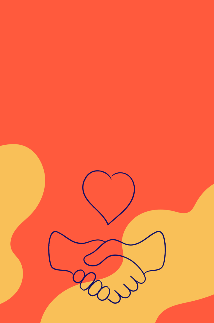 Illustration of two hands in a handshake with a heart above it and an orange and yellow patterned background