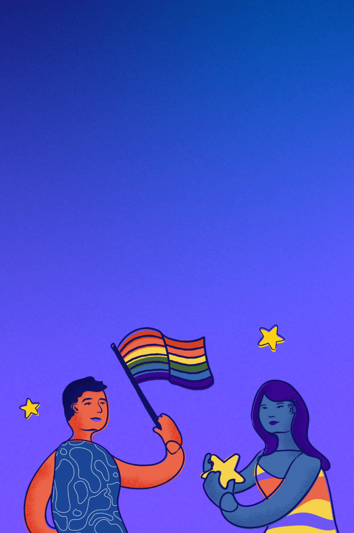 A young person waves an LGBTQ+ while another young person catches a falling star