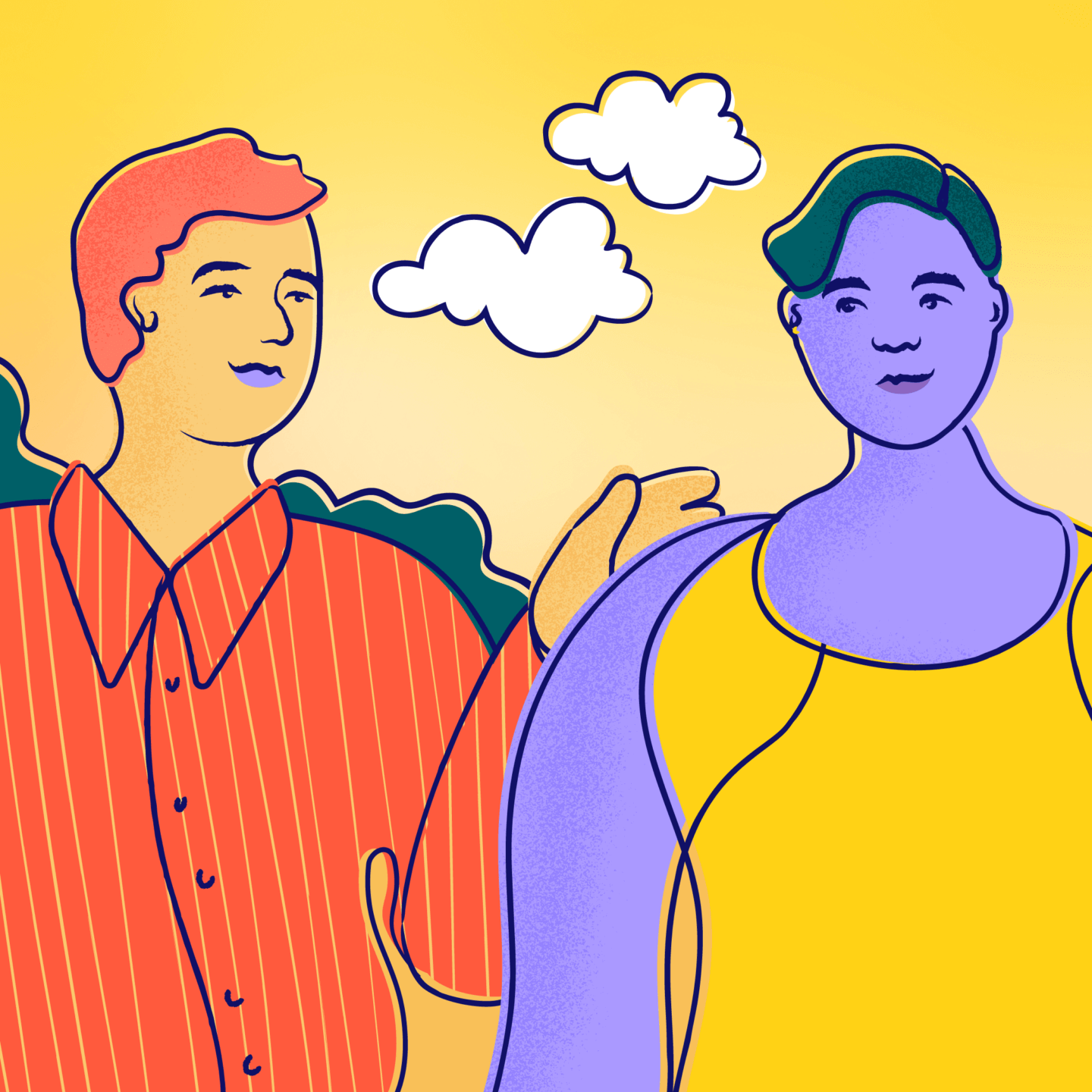 A friend puts an arm on another friend's shoulder outside on a sunny day.