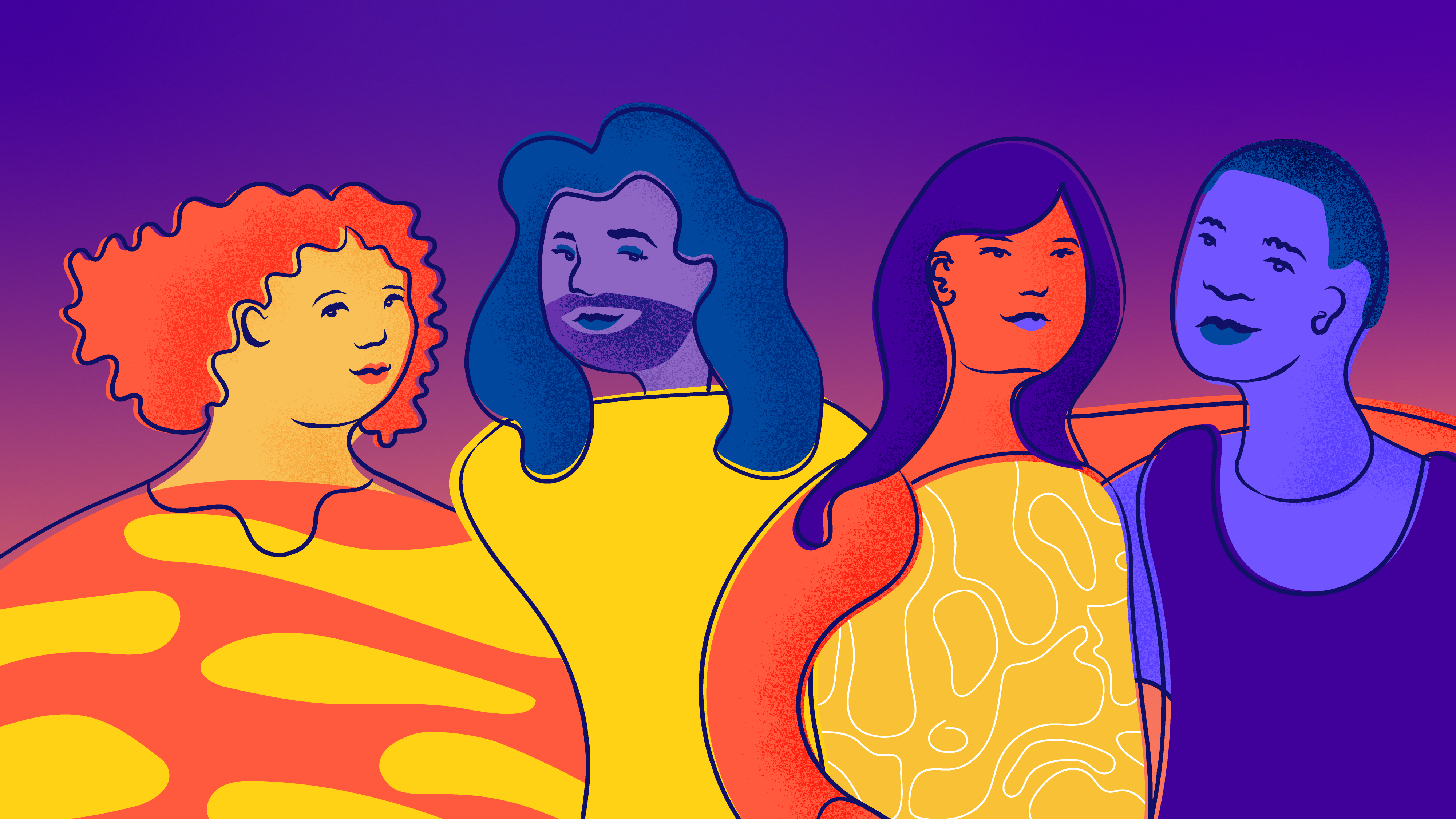 Four bright and colorful LGBTQ+ young people stand side by side and gaze with hope at the viewer, thinking of a brighter future.