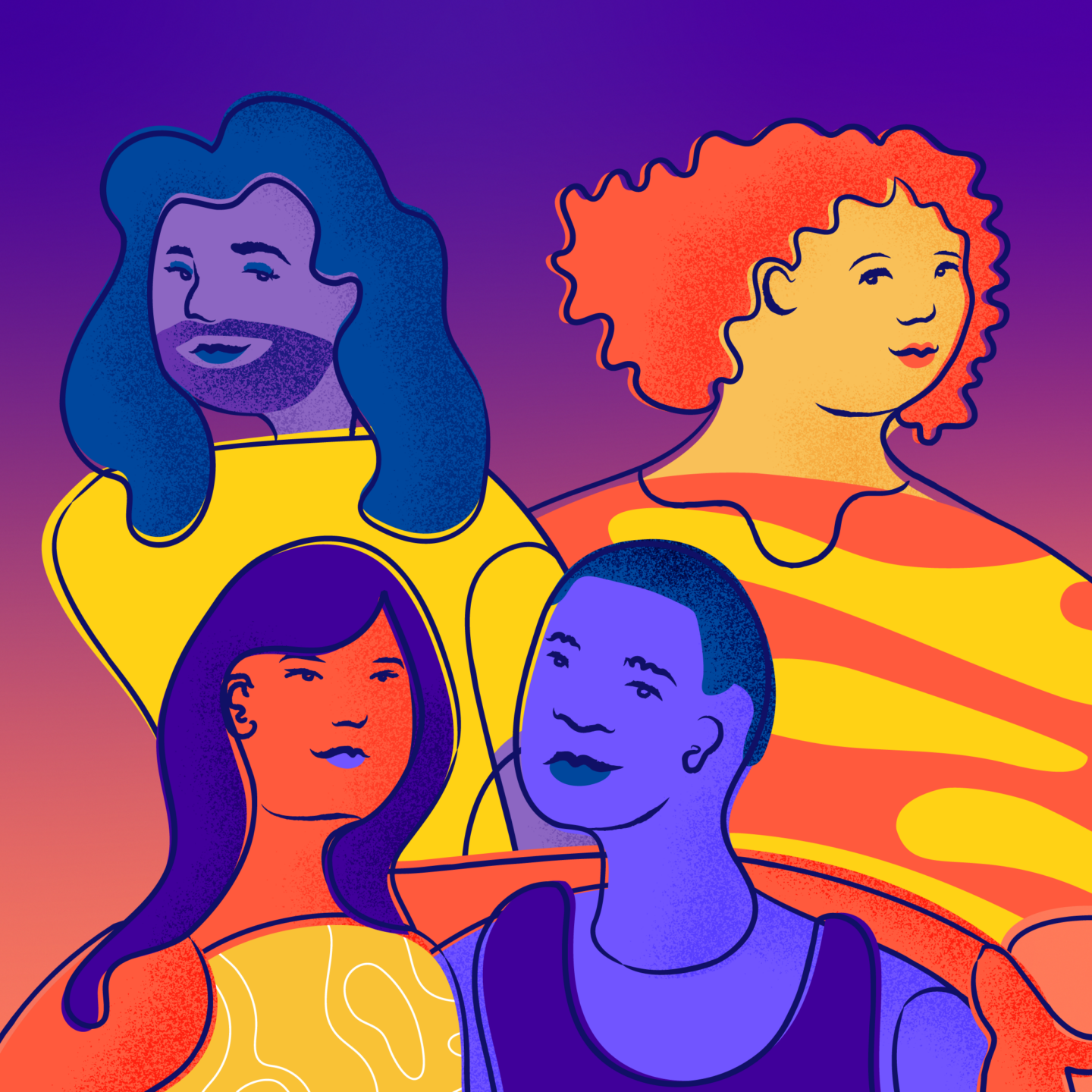 Four bright and colorful LGBTQ+ young people stand side by side and gaze with hope at the viewer, thinking of a brighter future.