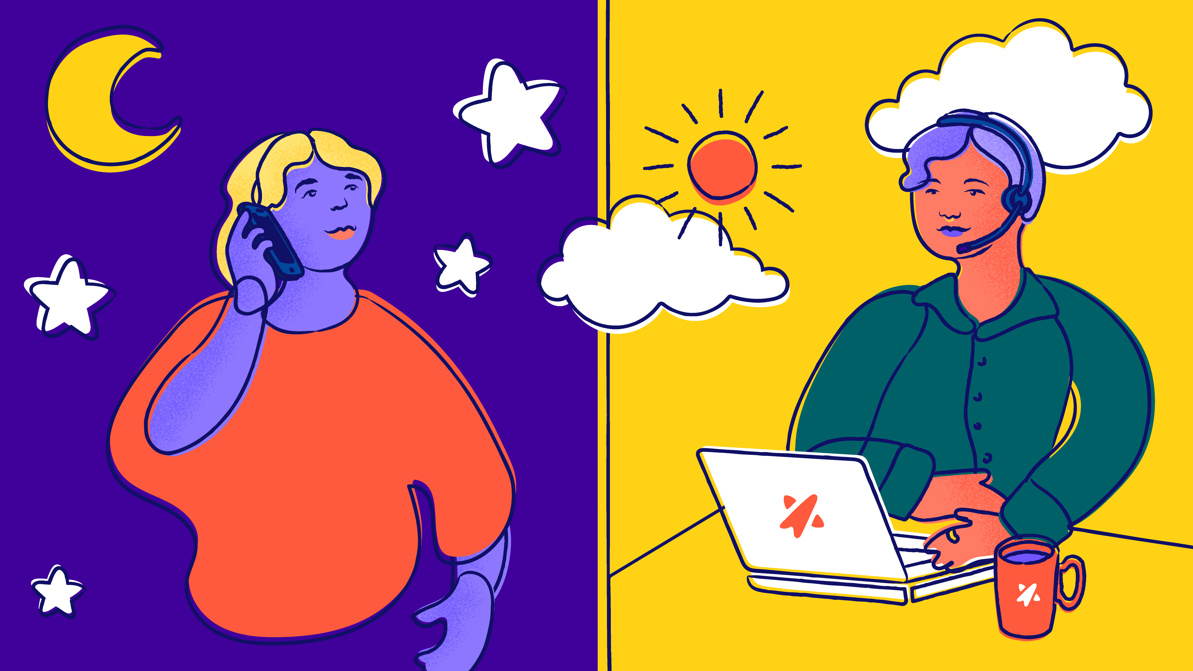 Smiling young person speaking on the phone to a happy Trevor counselor on a laptop.