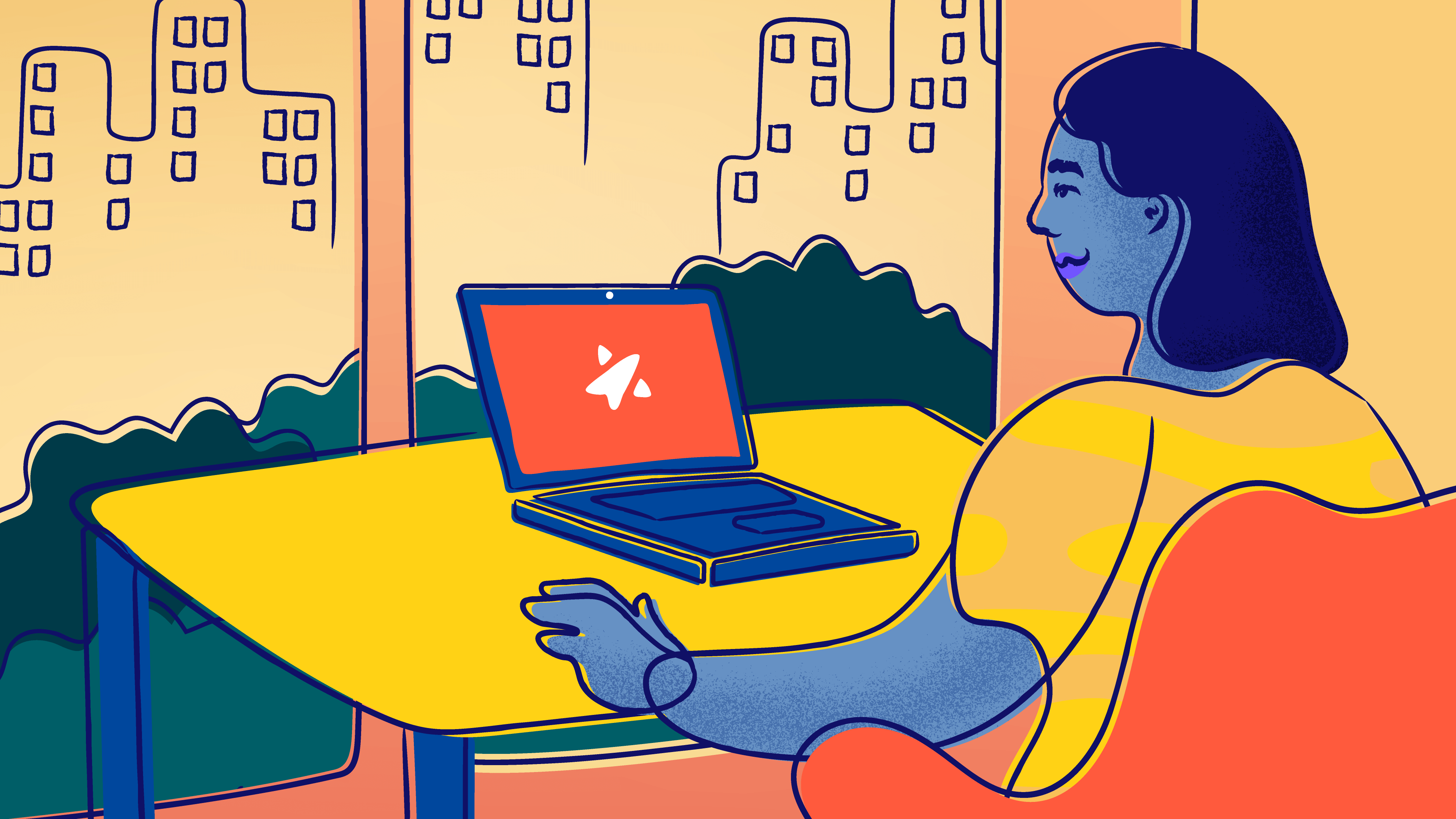 A smiling person logs on to Trevor's website on a laptop overlooking a city.