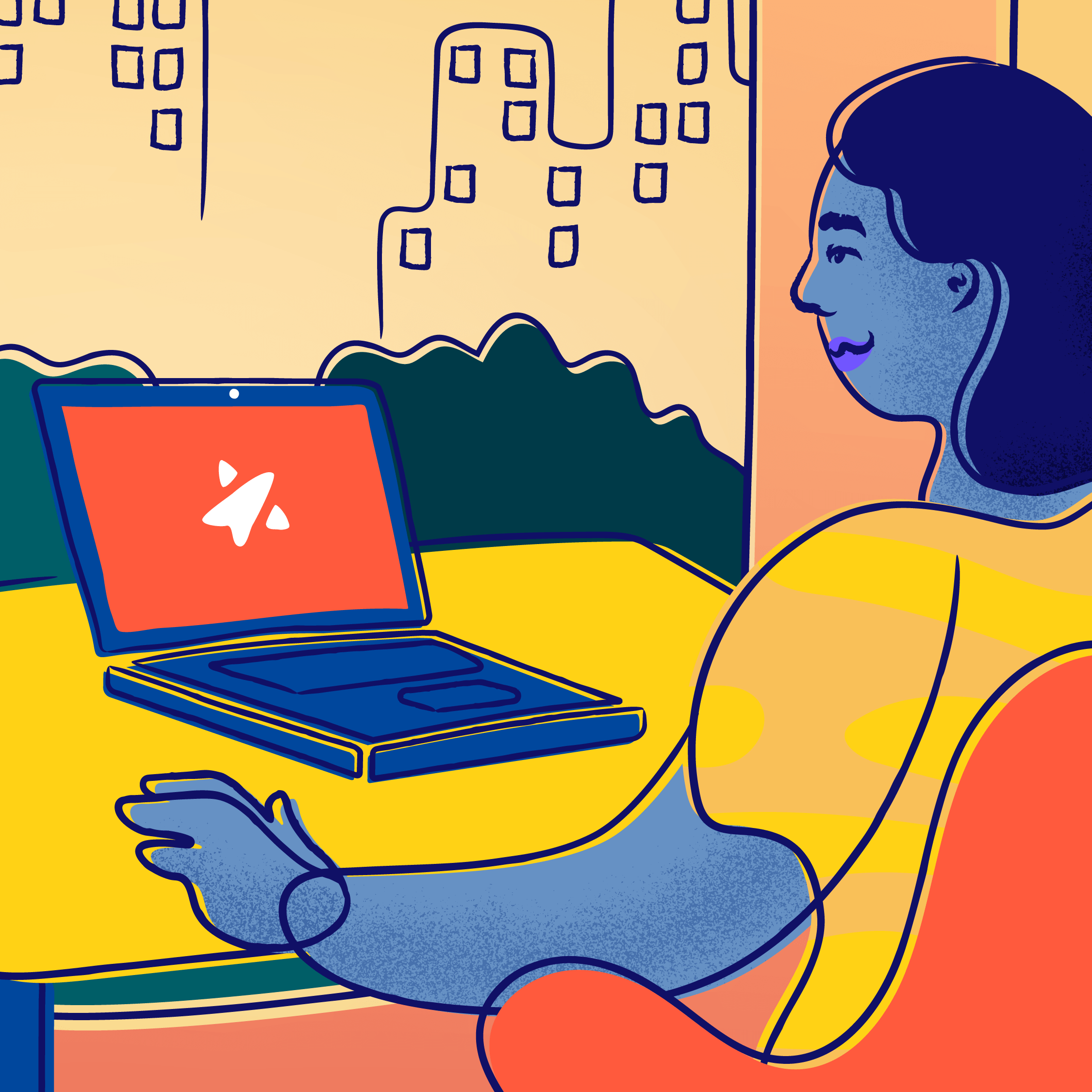 A smiling person logs on to Trevor's website on a laptop overlooking a city.