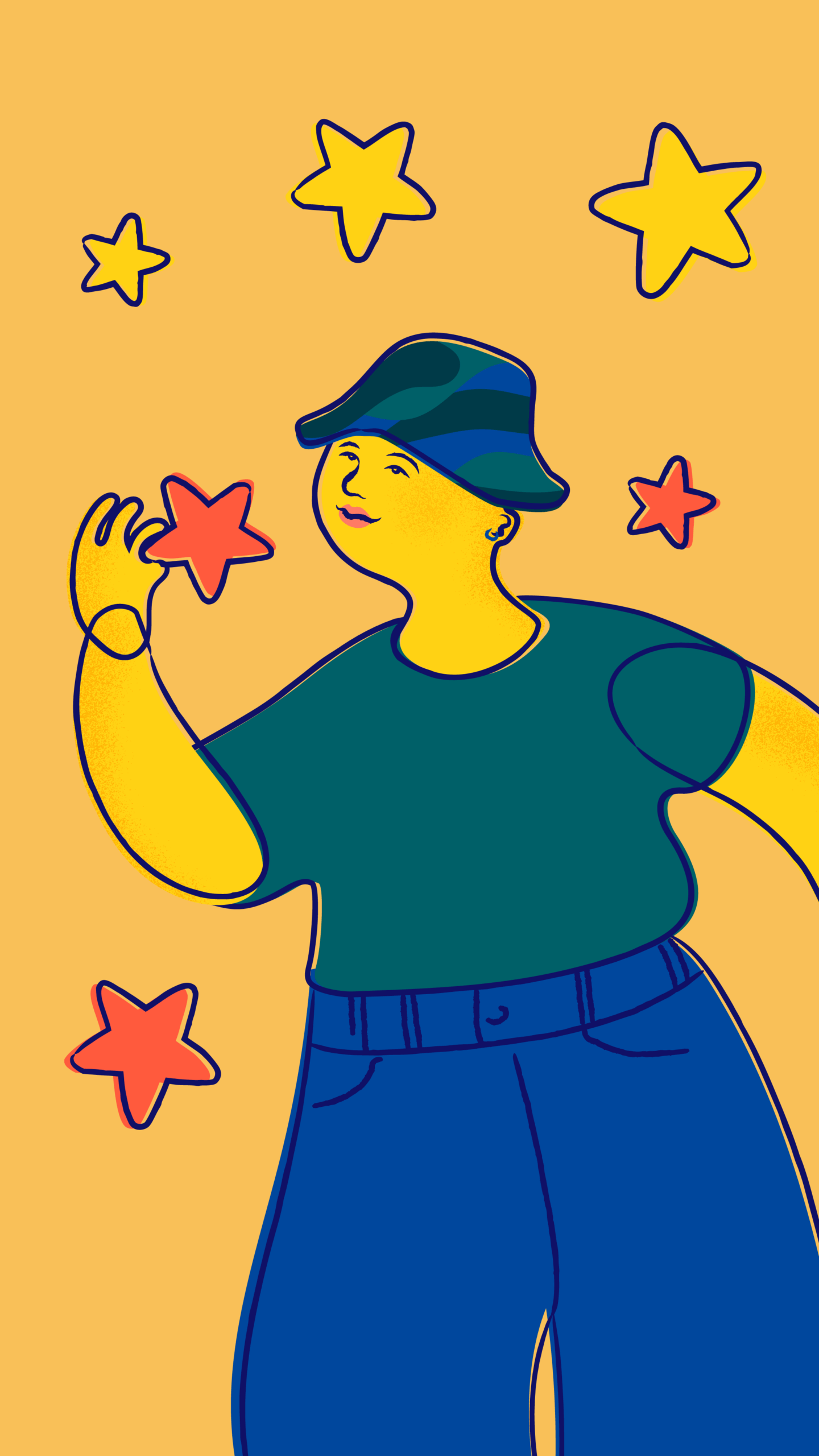 A young person smiles and catches a star falling from the sky.