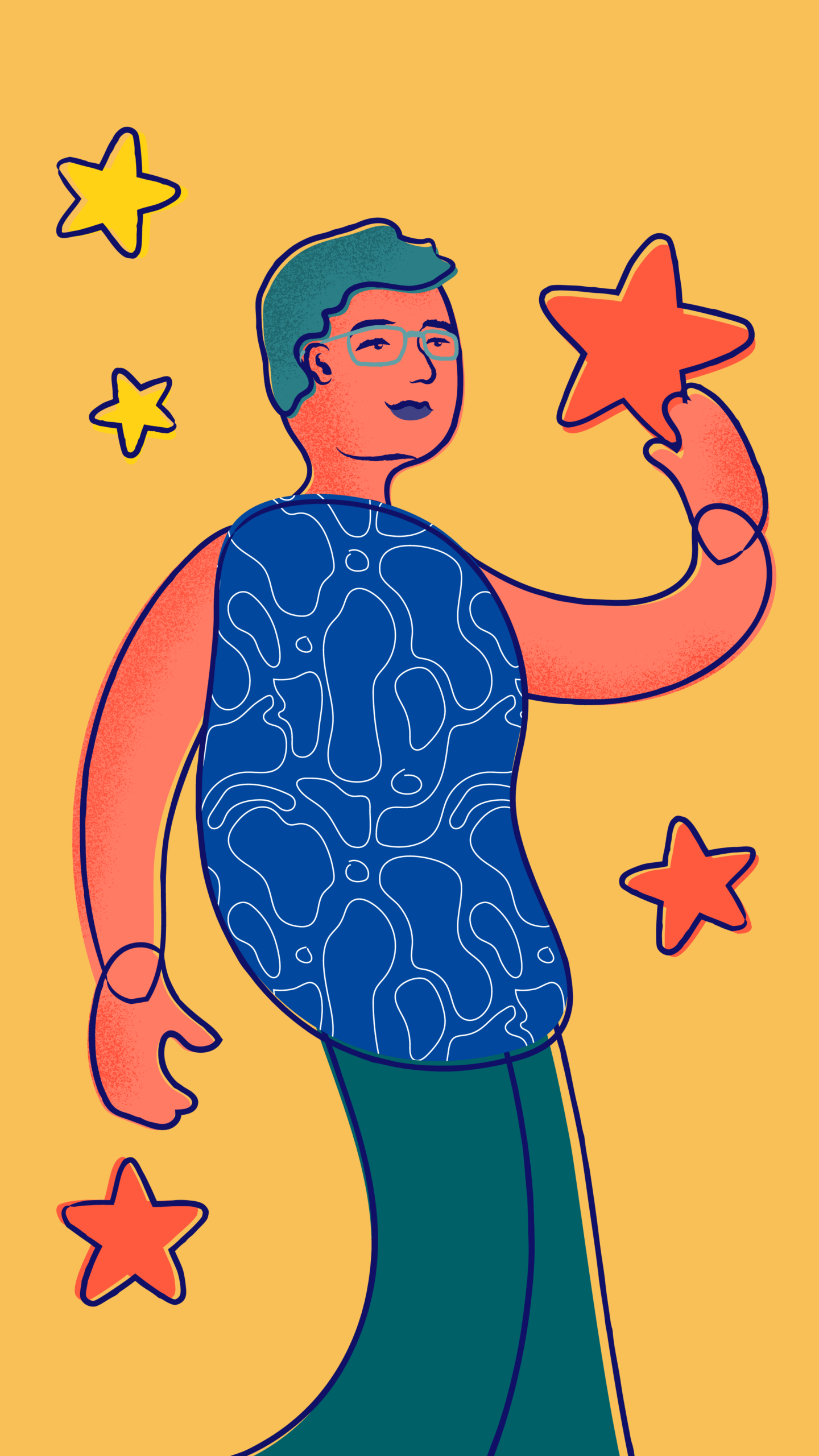 A young person in glasses smiles and holds a star.