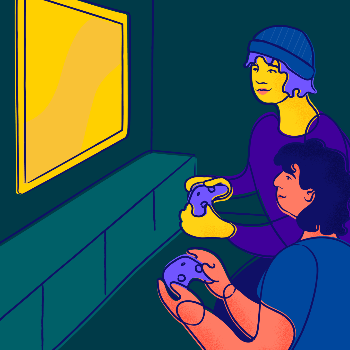 Two friends play video games on a big screen TV.