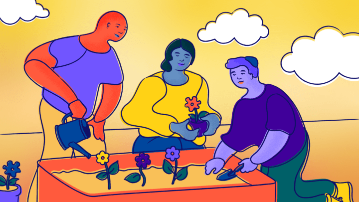 Three LGBTQ+ young people, one bald, one with a flapper hairstyle, and one with a yamaka, tend to a small garden together on a partly cloudy day.