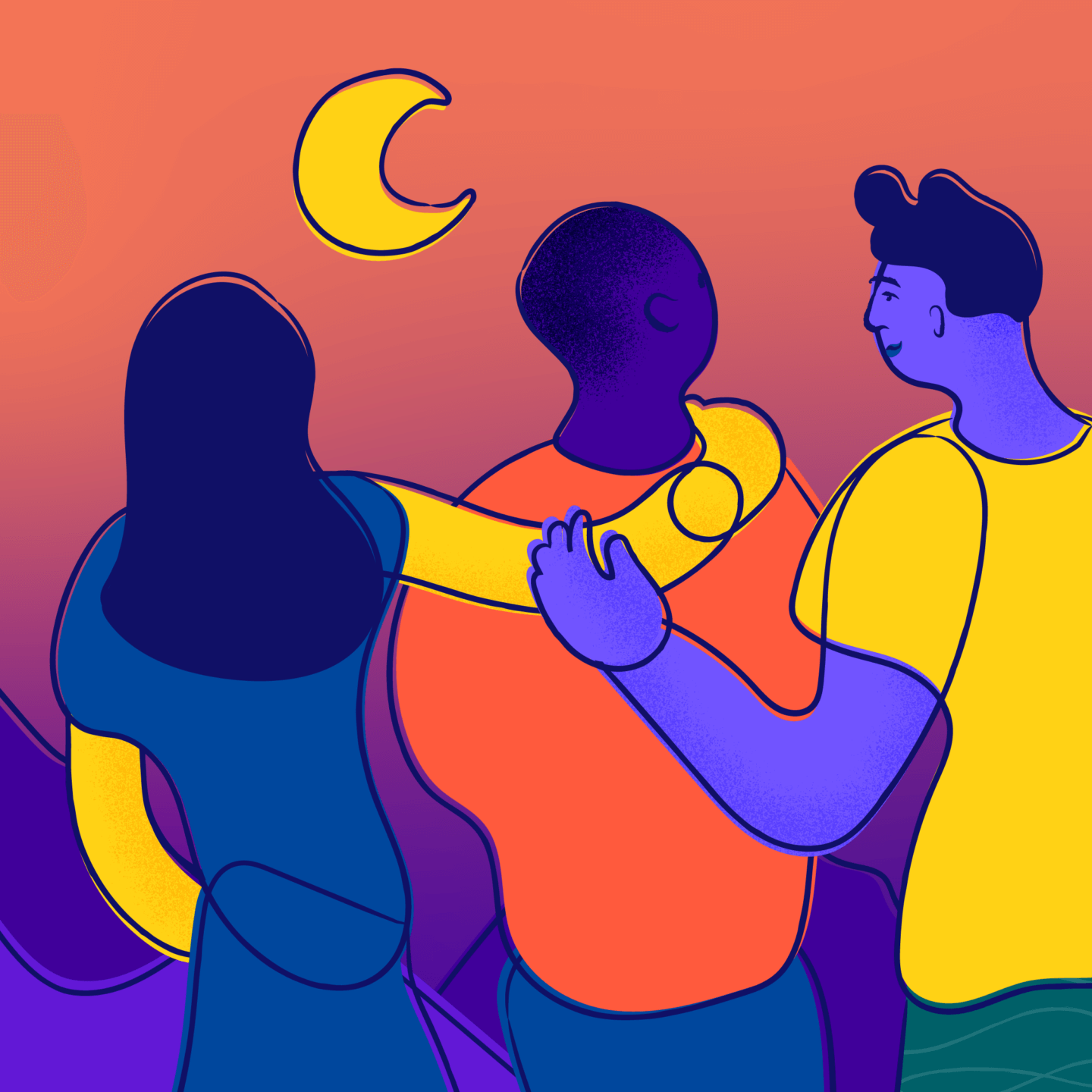 Three smiling young people put arms on each other's shoulders and look out at the moon over a mountainous landscape.