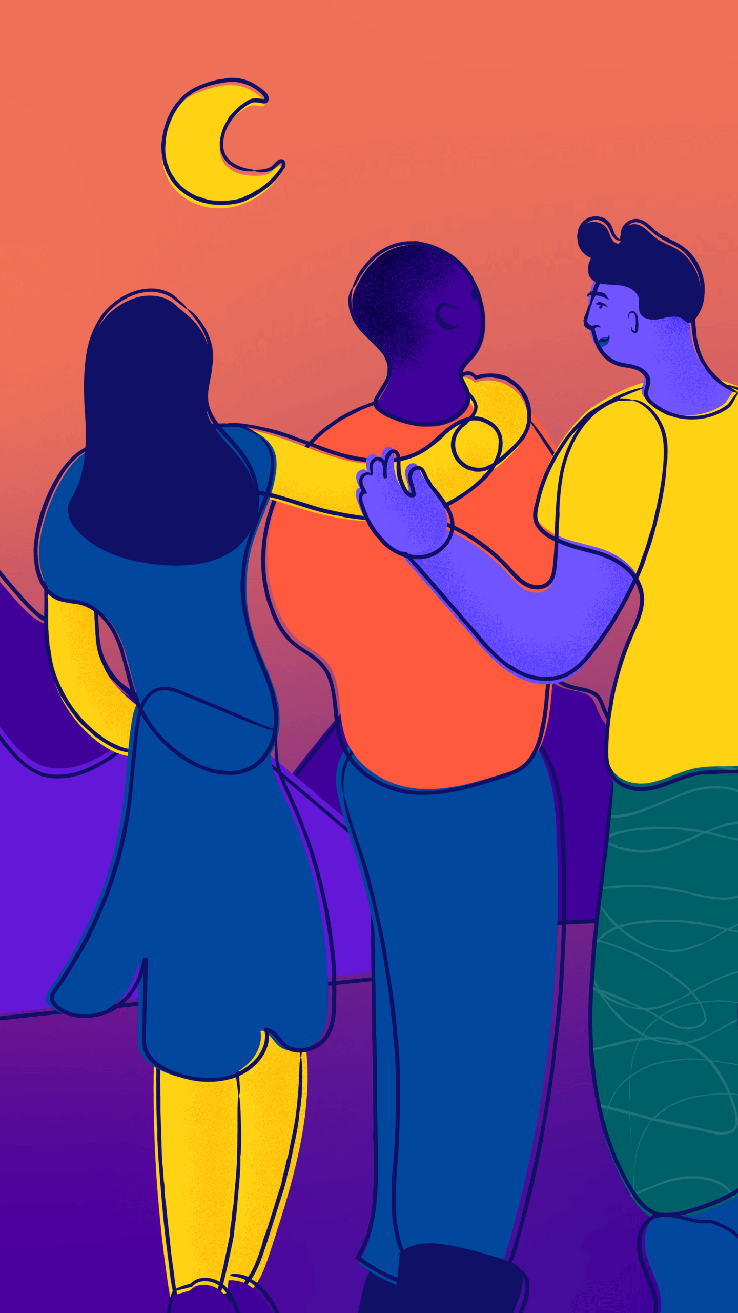 Three smiling young people put arms on each other's shoulders and look out at the moon over a mountainous landscape.