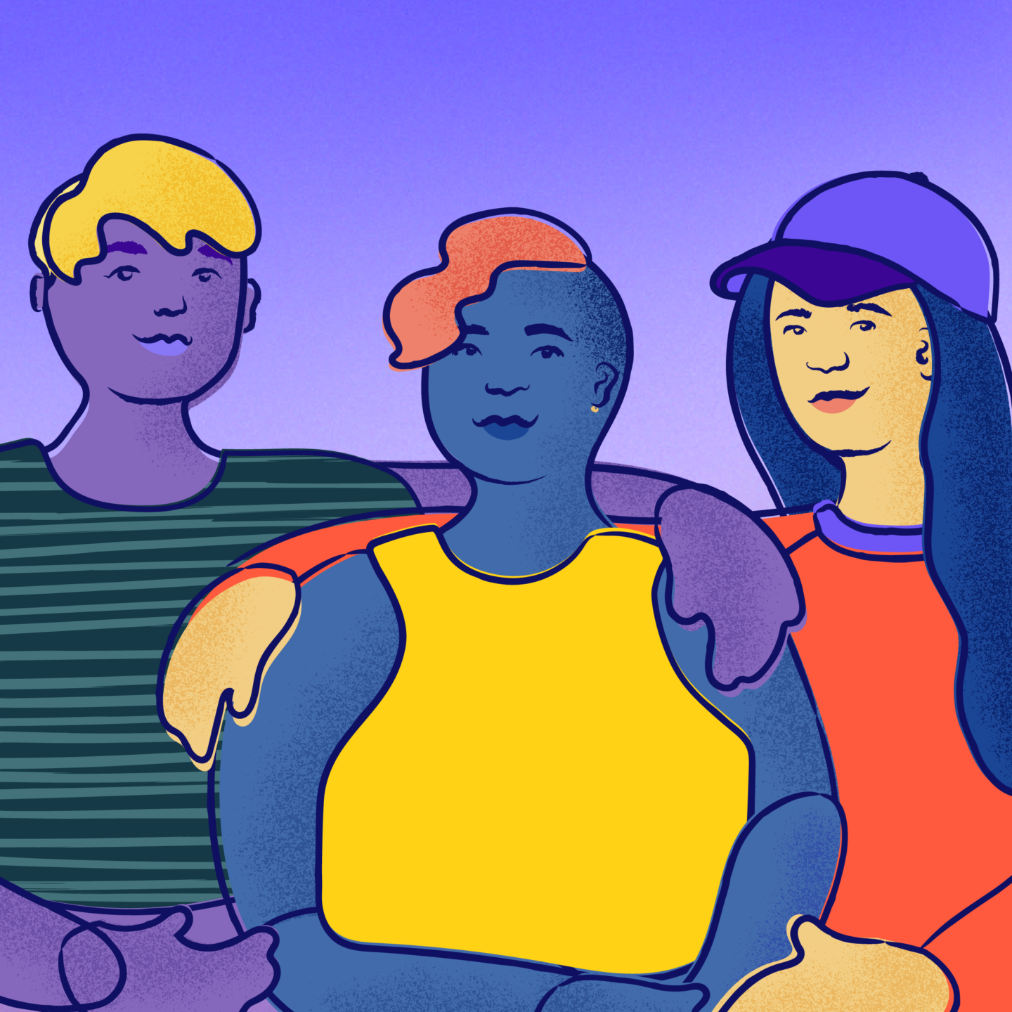 3 people sitting shoulder to shoulder with arms around each other's shoulders