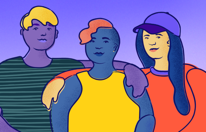 3 people sitting shoulder to shoulder with arms around each other's shoulders