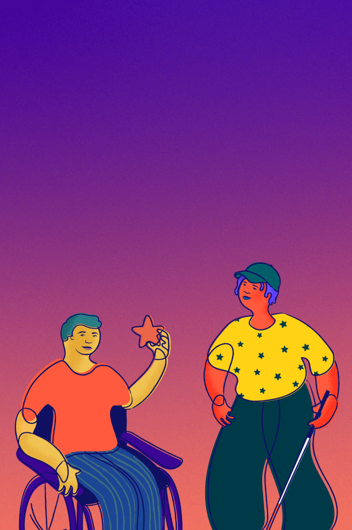 One lgbtq+ individual holding a star, one lgbtq+ individual holding a white cane