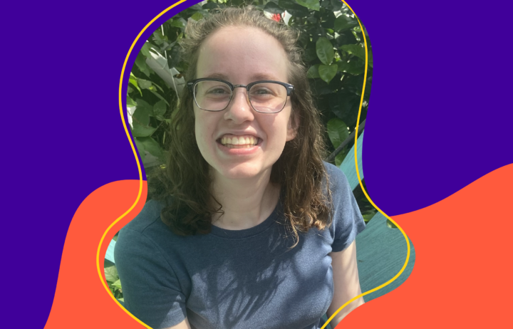 photo of Samantha Bayne with an orange and purple backgroun