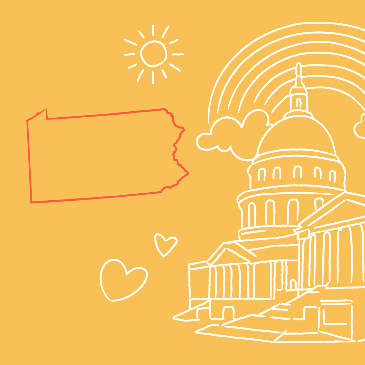 Illustration of a capital building and an outlined illustration of Pennsylvania.