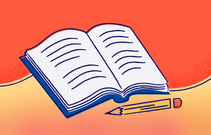 An illustration of a open notebook and a pencil