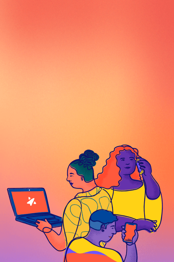 Three young people connecting to Trevor. One person is talking on the phone, one is on Trevor's website, and one is texting.