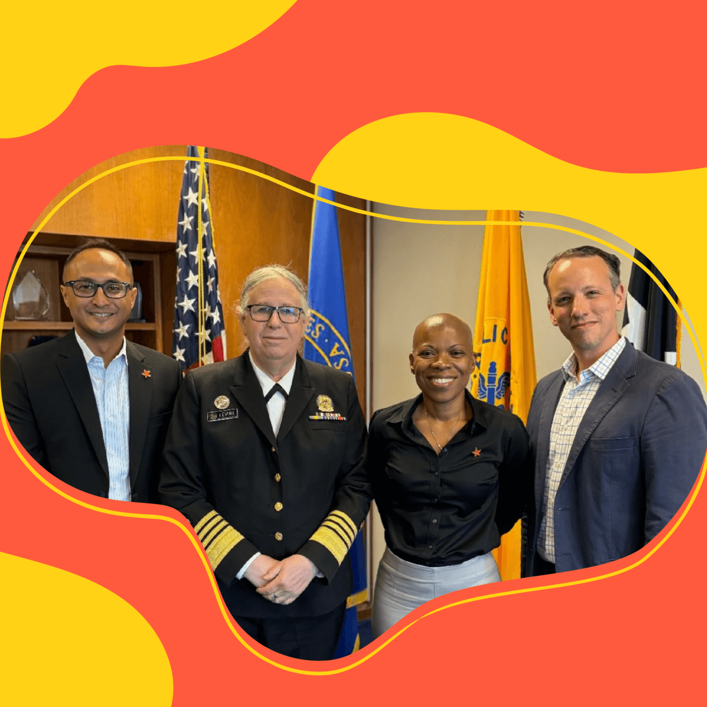 Photo of The Trevor Project's Saurav Jung Thapa (he/him/his), Jaymes Black (he/she/they), Mark Henson (he/him/his) myself) with the Assistant Secretary for Health Admiral Rachel Levine, MD.