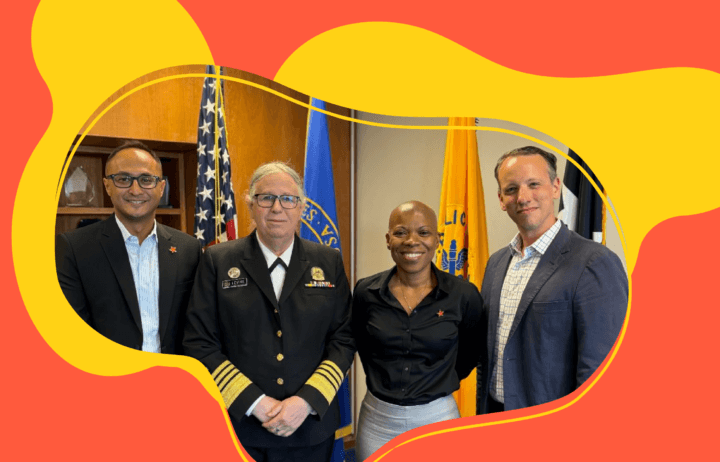 Photo of The Trevor Project's Saurav Jung Thapa (he/him/his), Jaymes Black (he/she/they), Mark Henson (he/him/his) myself) with the Assistant Secretary for Health Admiral Rachel Levine, MD.