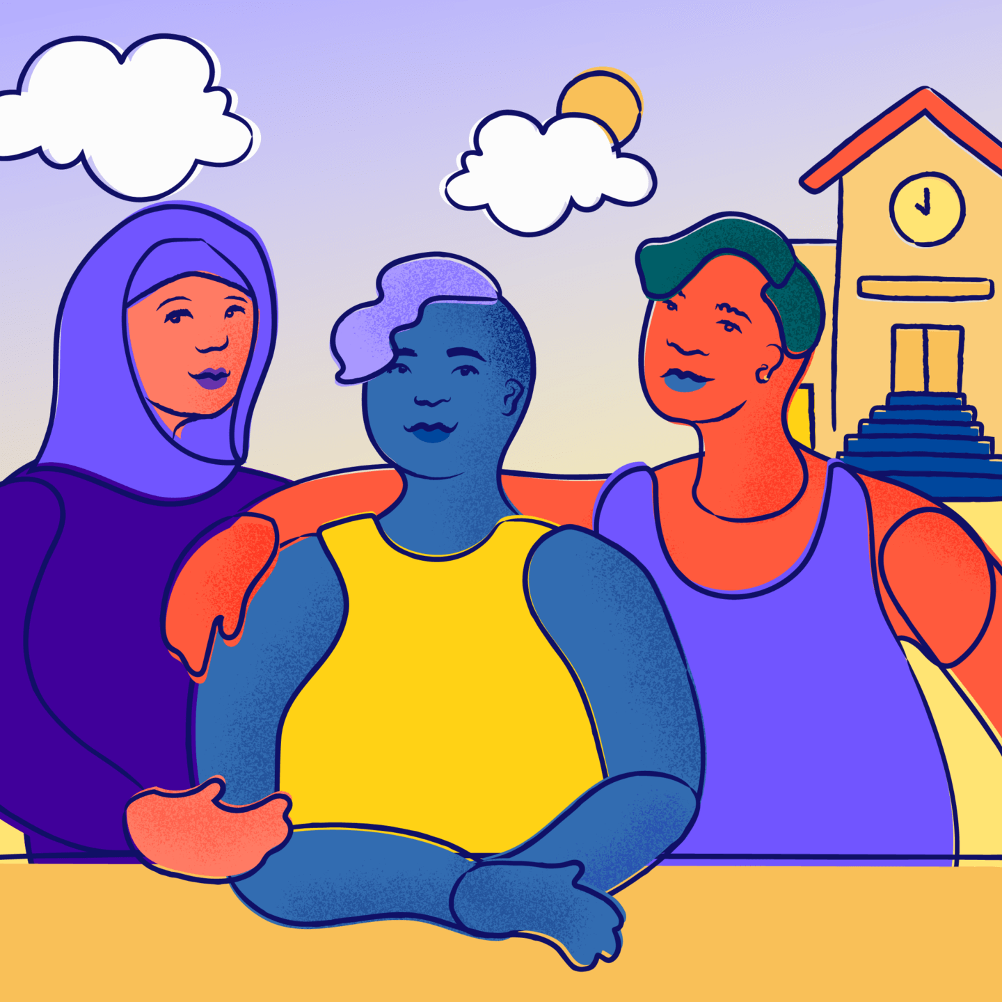 Three individuals supporting each other.