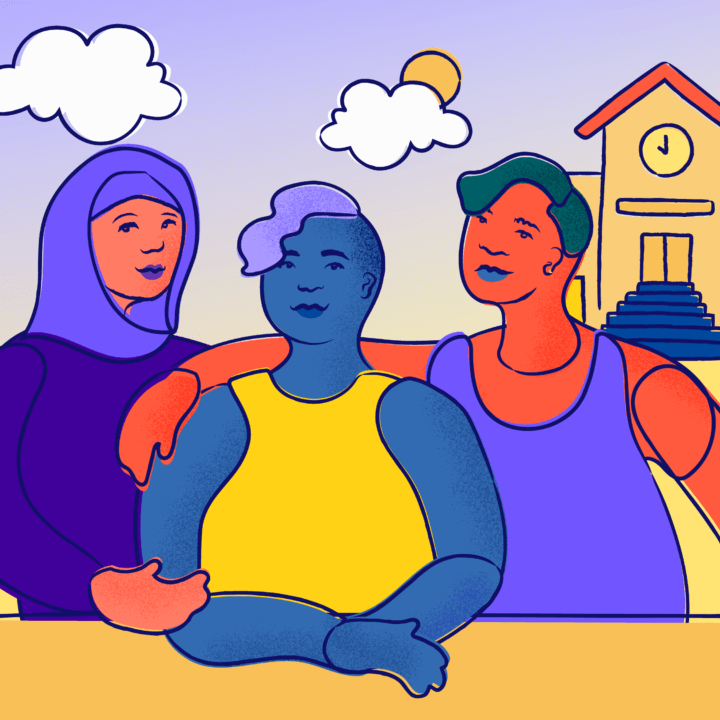 Three individuals supporting each other.