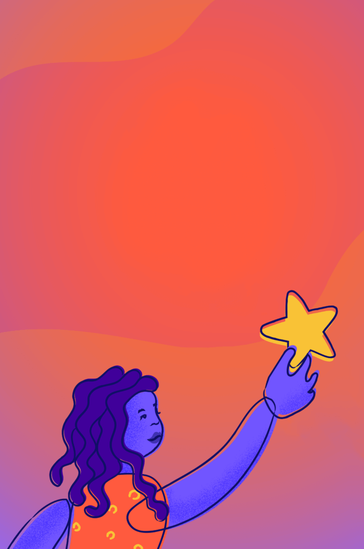 A young person smiles and catches a star falling from the sky.
