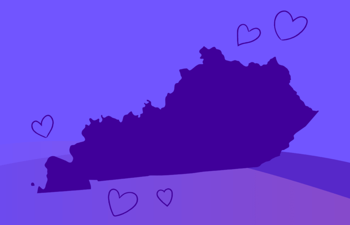 Purple gradient graphic with an solid purple shape of Kentucky.
