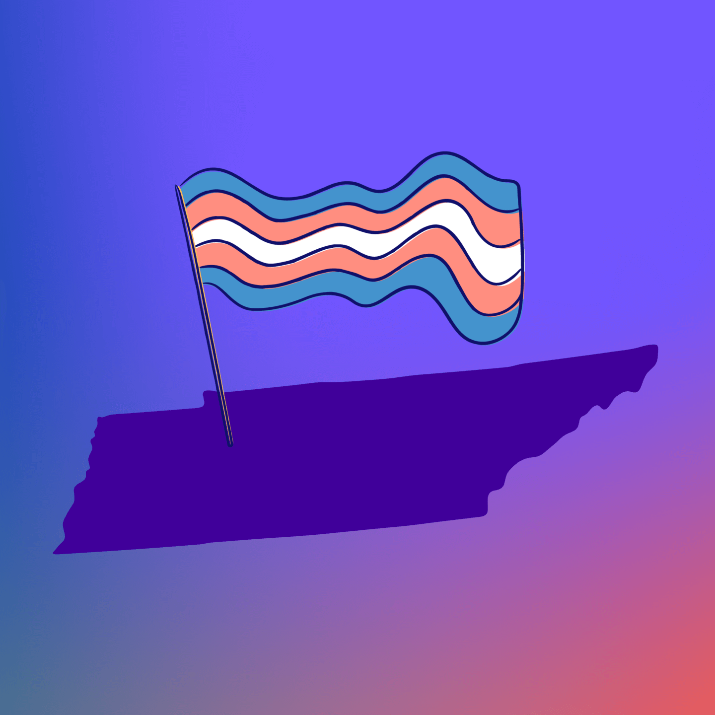 Purple gradient with a solid purple shape of Tennessee with a Trans Pride flag
