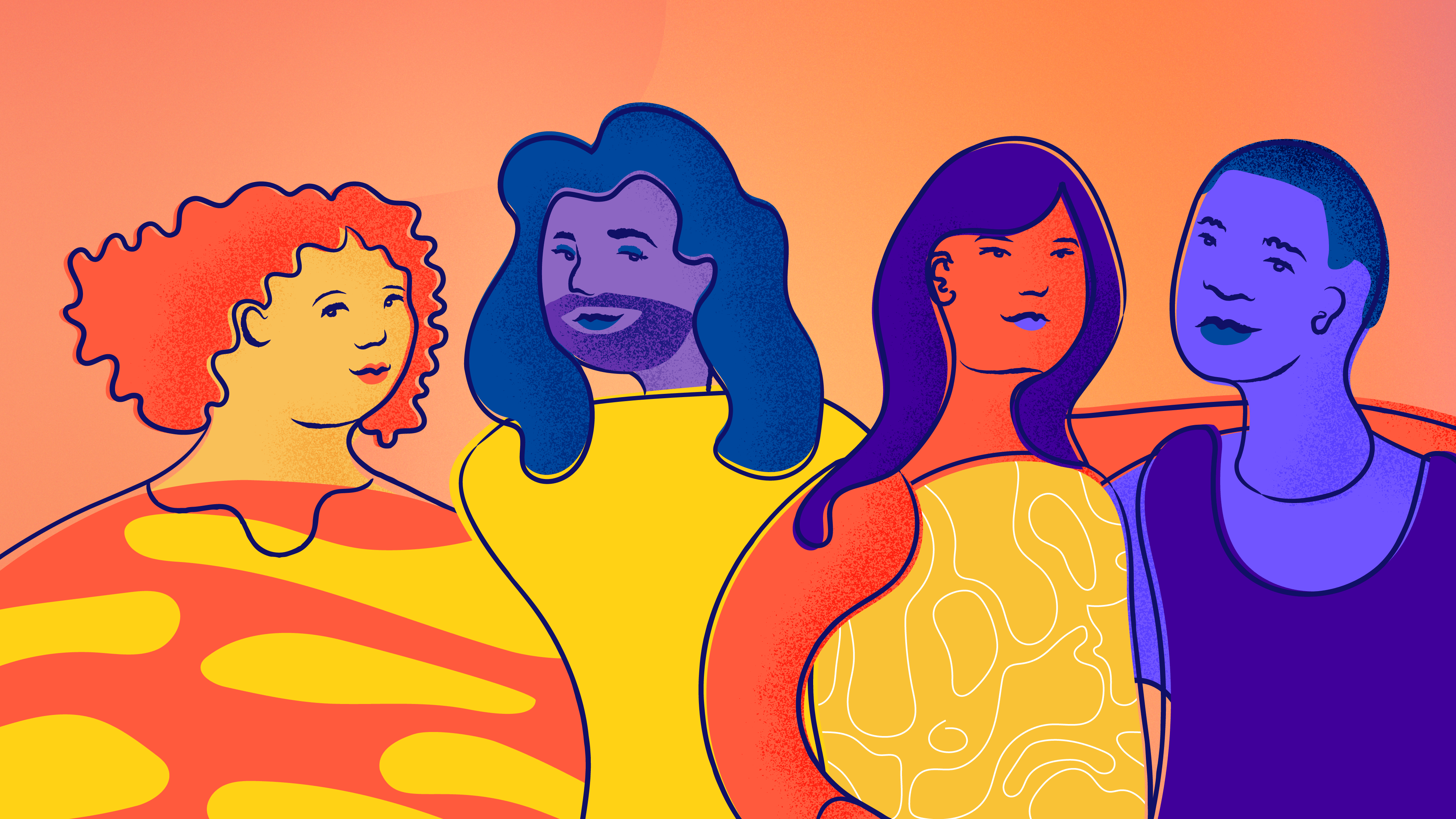 Four bright and colorful LGBTQ+ young people stand side by side and gaze with hope at the viewer, thinking of a brighter future.