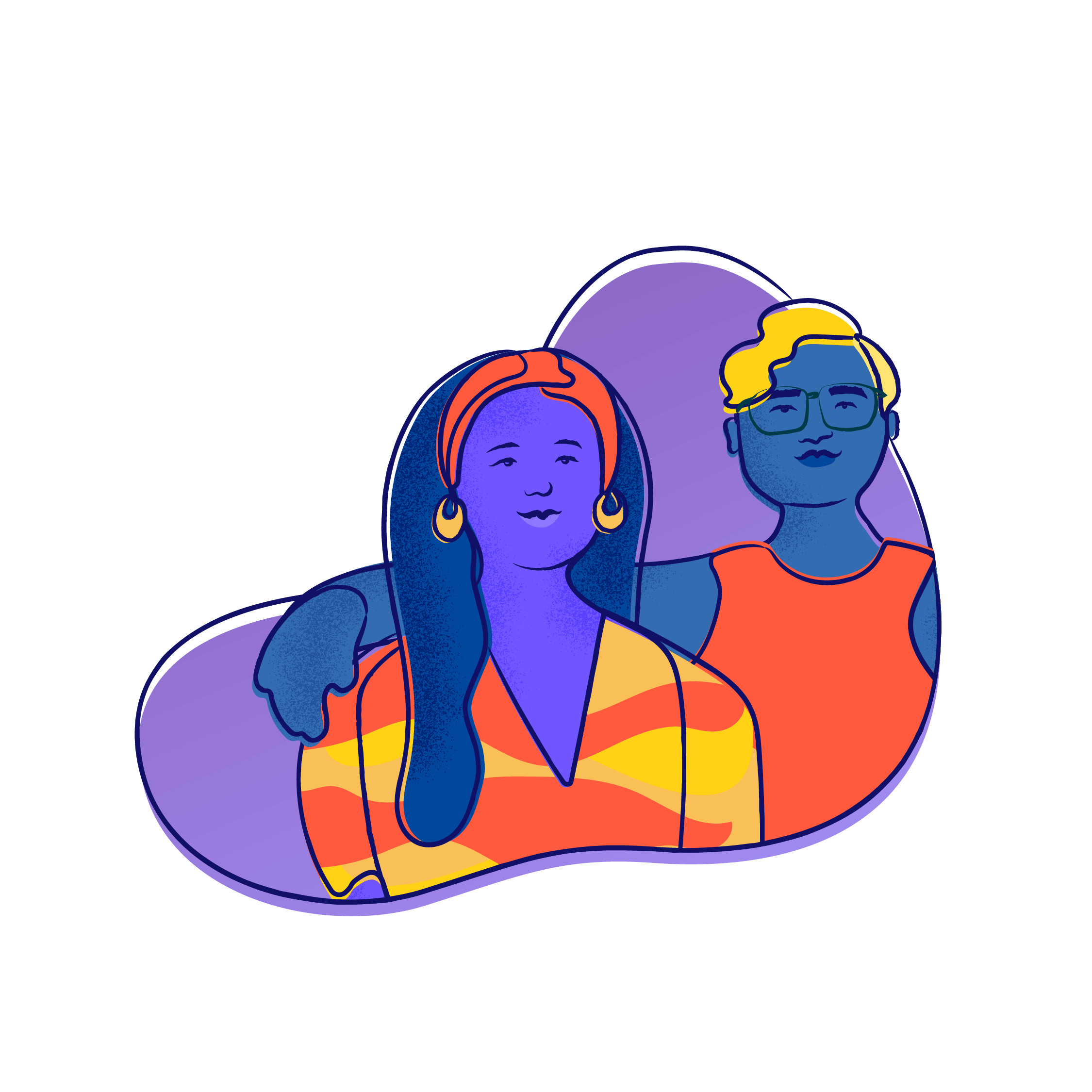 Two friends drape arms over each other's shoulders