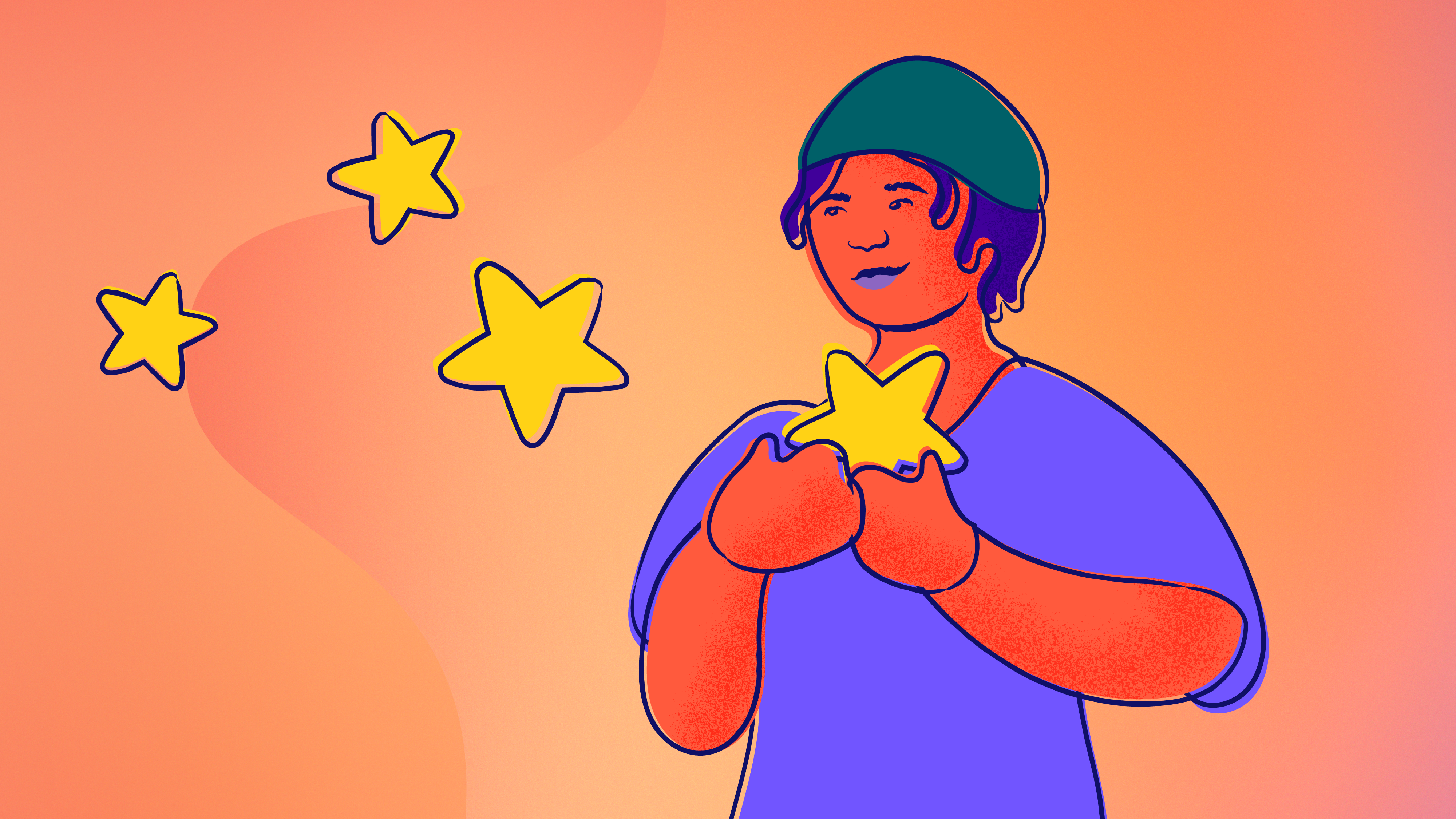 One young person smiles and holds a star falling from the sky.