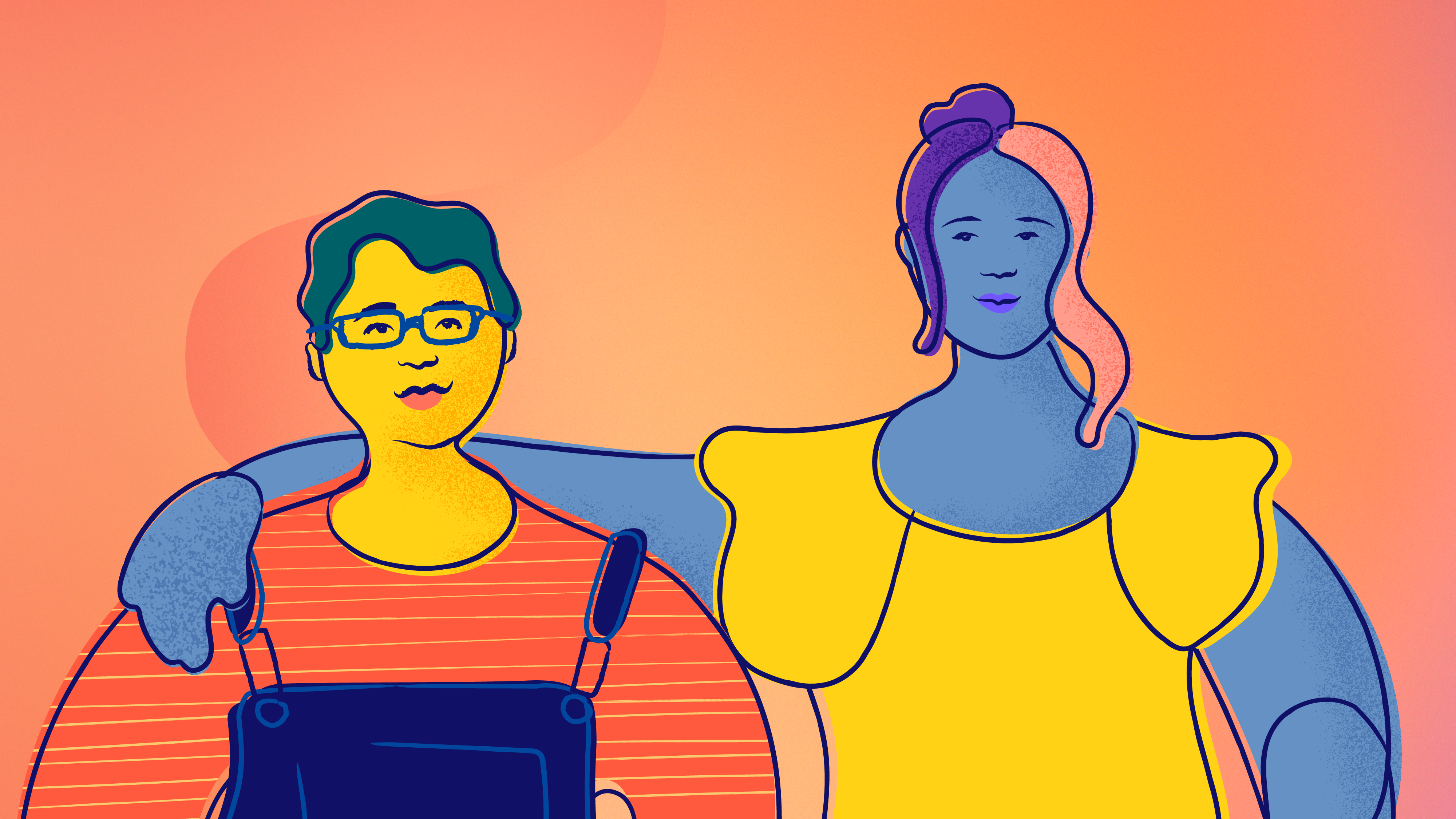 Two young people stand and smile.